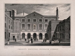 view Christ's Hospital, London: the exterior of the Hall. Engraving by J. Roffe, 1825.