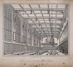view Christ's Hospital, London: the interior of the Hall. Etching by H. Shaw after himself, 1833.