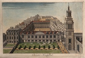 view Christ's Hospital, London: a bird's-eye view, with bed sheets laid out to dry. Coloured engraving by W. Toms.