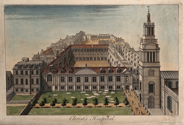 Christ's Hospital, London: a bird's-eye view, with bed sheets laid out to dry. Coloured engraving by W. Toms.