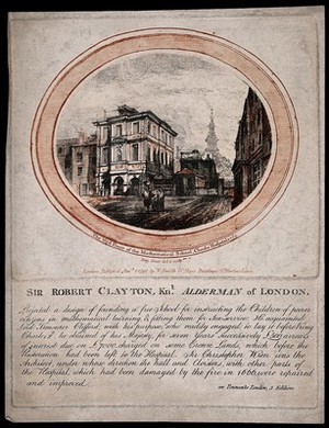 view Christ's Hospital, London: the Mathematical School. Etching in two colours by B. Green, 1793, after himself, 1775.