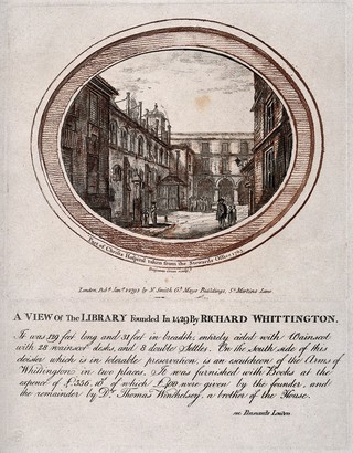 Christ's Hospital, London: the library and part of the Cloisters in 1765. Etching by B. Green, 1793, after himself.