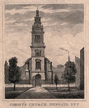 view Christ's Hospital, London: the exterior of the Hall. Engraving.