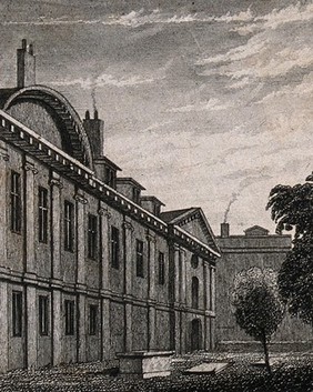 Christ's Hospital, London: the exterior of the Hall. Engraving.