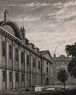 view Christ's Hospital, London: the exterior of the Hall. Engraving.