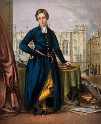 Christ's Hospital, London: one of the boys standing beside a table, his hand on some books, the exterior of the New Hall behind. Colour lithograph after J. Cristall.