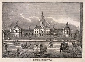 view Blue-coat Hospital, London: the front elevation, with horse-drawn and pedestrian traffic in the foreground. Wood engraving by R. Clayton.