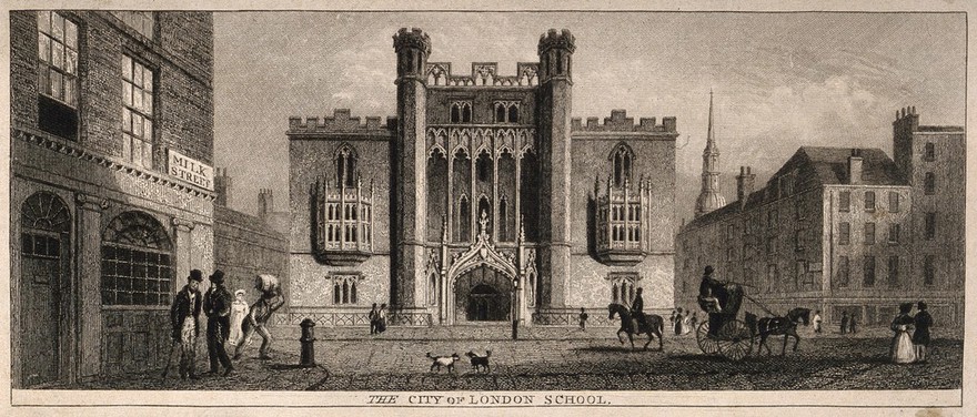 The City of London School, Milk Street, London: the entrance facade with passing pedestrians, a horseman and a hansom cab. Engraving.