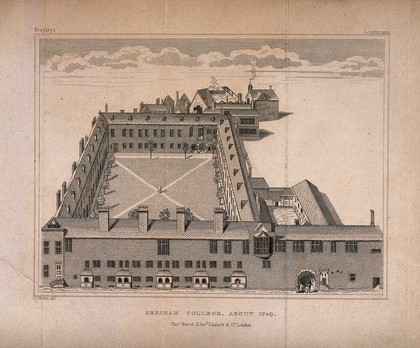 Gresham College, London: a bird's eye view, with two men at the entrance. Engraving, 1828, after G. Vertue.