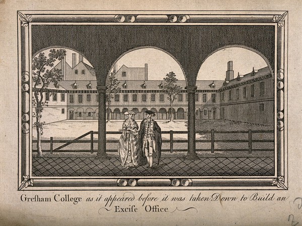 Gresham College, London: view into the court with a lady and a scholar standing in the cloister. Engraving.