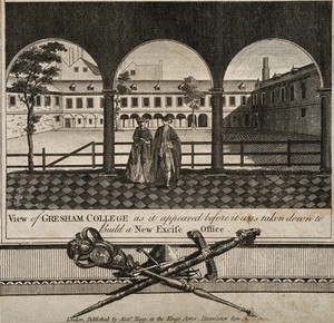 view Gresham College, London: the court seen from the cloister. Engraving by J. Newton, 1800.