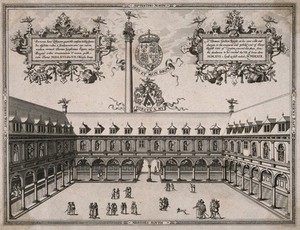 view The Royal Exchange, London: view from roof height, with various men at business in the courtyard, emblematic devices in the sky area. Etching by B. Howlett, 1808, after F. Hogenburg, 1570.