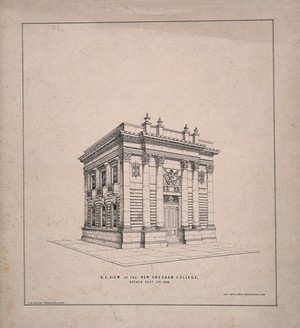 view Gresham College, London: three-quarter view, with Gresham's arms over the entrance. Lithograph, 1844.