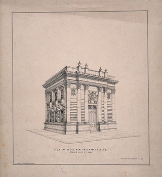 Gresham College, London: three-quarter view, with Gresham's arms over the entrance. Lithograph, 1844.