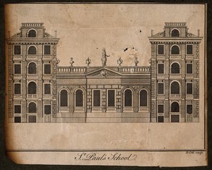 view St Paul's School, London: the facade. Engraving by B. Cole, 1755.