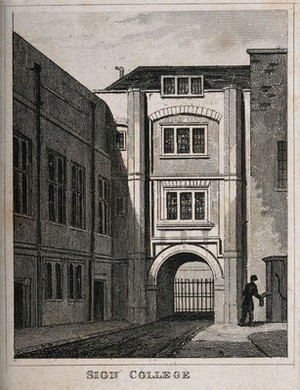 view Sion College, London Wall, London: the gatehouse, with a man about to operate a pump. Engraving.