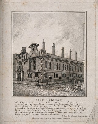 Sion College, London Wall, London: view of the north facade, with a man climbing a ladder to attend to a street lamp. Etching, 1800.