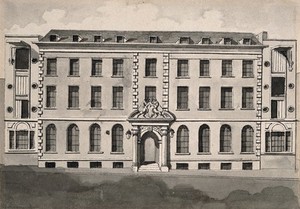 view Apothecaries' Hall, Blackfriars Lane, London: the facade. Drawing.