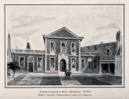 Barber-Surgeons' Hall, Monkwell Street, London: the facade. Process print.