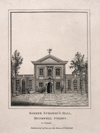 Barber-Surgeon's Hall, Monkwell Street, London: the facade. Engraving.