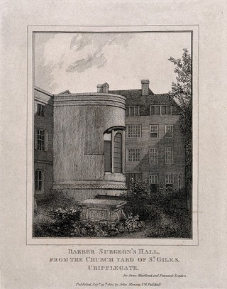 Barber-surgeons' Hall, Monkwell Street, London: the rear elevation of part of the hall, possibly the courtroom. Engraving, 1800.