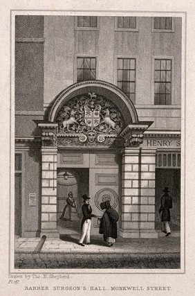 Barber-surgeons' Hall, Monkwell Street, London: the entrance to the hall, with elaborate heraldic carving above the doors. Engraving after T. H. Shepherd, 1830.