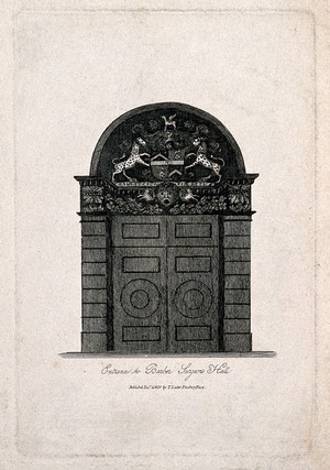 view Barber-surgeons' Hall, Monkwell Street, London: the entrance to the hall, with elaborate carving above the doors. Engraving, 1816.