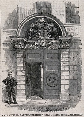 Barber-surgeons' Hall, Monkwell Street, London: the door of the hall, with a uniformed attendant standing to the left. Wood engraving attributed to J. and A. Williams, 1856.