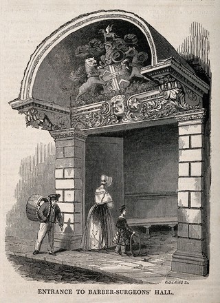 Barber-surgeons' Hall, Monkwell Street, London: the entrance to the hall, showing the elaborate carving of the canopy, a lady and child entering. Wood engraving by C. D. Laing, 1845.