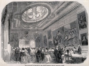 view Barber-surgeons' Hall, Monkwell Street, London: the interior of the Court-Room, with a reception taking place. Wood engraving by J. and A. Williams, 1856.