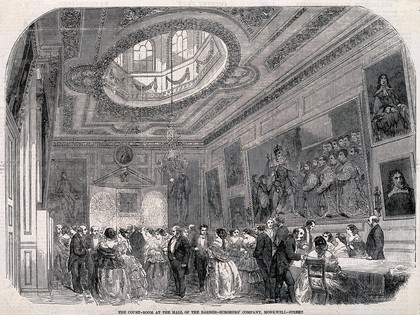 Barber-surgeons' Hall, Monkwell Street, London: the interior of the Court-Room, with a reception taking place. Wood engraving by J. and A. Williams, 1856.