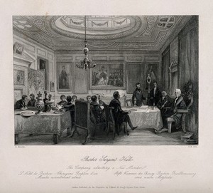 view Barber-surgeons' Hall, Monkwell Street, London: the interior of the hall, with various figures standing and sitting about. Engraving by T. H. Ellis, 1843, after H. Melville.