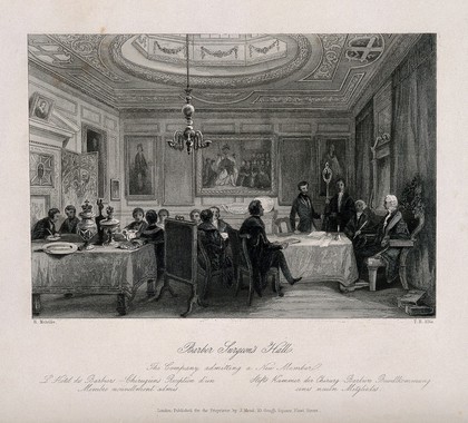 Barber-surgeons' Hall, Monkwell Street, London: the interior of the hall, with various figures standing and sitting about. Engraving by T. H. Ellis, 1843, after H. Melville.