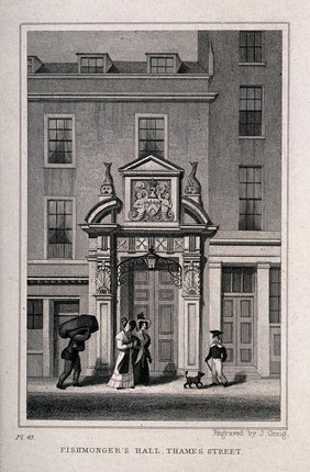 Fishmongers' Hall, Thames Street, London: the entrance to the hall, with elaborate allegorical carving above the doors, two fashionable ladies, a scholar and a coal-heaver in the street. Engraving by J. Greig after T. H. Shepherd, 1830.