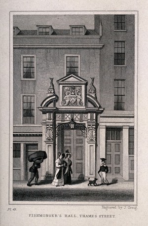 view Fishmongers' Hall, Thames Street, London: the entrance to the hall, with elaborate allegorical carving above the doors, two fashionable ladies, a scholar and a coal-heaver in the street. Engraving by J. Greig after T. H. Shepherd, 1830.