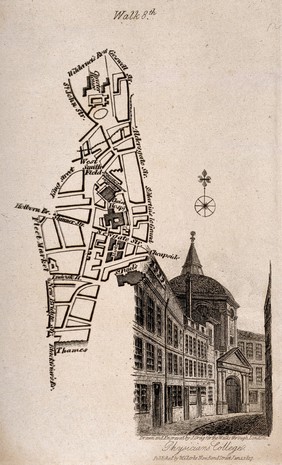 Royal College of Physicians, Warwick Lane, London, with a map and compass rose. Engraving by J. Greig after himself, 1817.