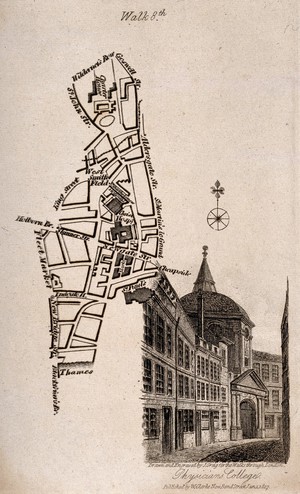 view Royal College of Physicians, Warwick Lane, London, with a map and compass rose. Engraving by J. Greig after himself, 1817.