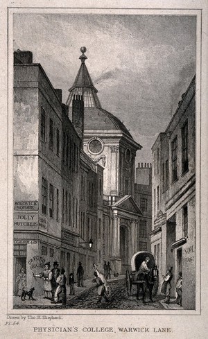 view Royal College of Physicians, Warwick Lane, London, with a public house shown on the corner. Engraving after T. H. Shepherd.