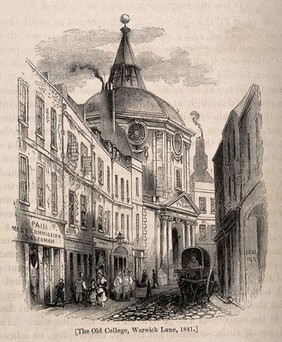 Royal College of Physicians, Warwick Lane, London, in 1841. Wood engraving.