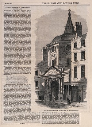 view Royal College of Physicians, Warwick Lane, London: the entrance viewed from the north, when used as a brassfoundry. Wood engraving, 1866.