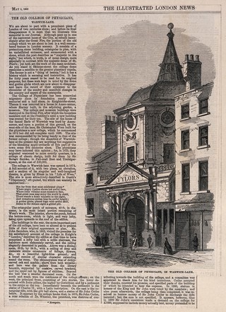 Royal College of Physicians, Warwick Lane, London: the entrance viewed from the north, when used as a brassfoundry. Wood engraving, 1866.