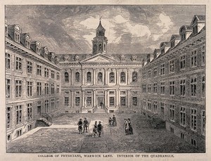 view Royal College of Physicians, Warwick Lane, London: the courtyard with people in eighteenth century costume. Wood engraving by [W.H.P.].