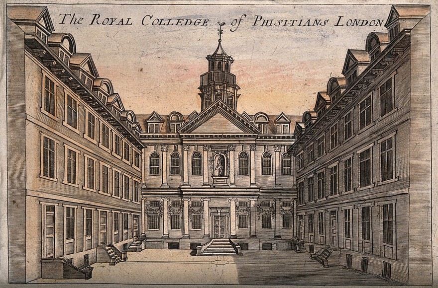 Royal College of Physicians, Warwick Lane, London: the courtyard. Coloured engraving.