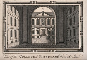 view Royal College of Physicians, Warwick Lane, London: the courtyard, viewed through the columns of the entrance loggia. Engraving.