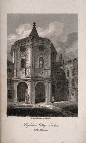 Royal College of Physicians, Warwick Lane, London: the entrance, viewed from the courtyard. Engraving by S. Tyrell after himself, 1812.