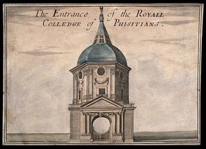 view Royal College of Physicians, Warwick Lane, London. Coloured engraving, 1709.