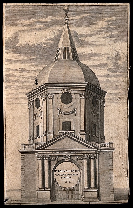 Royal College of Physicians, Warwick Lane, London. Engraving by D. Loggan after himself, 1677.