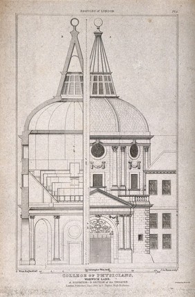 The Royal College of Physicians, Warwick Lane, London: the entrance and anatomical theatre, in elevation and section. Engraving by J. Le Keux after S. Ware, 1825.