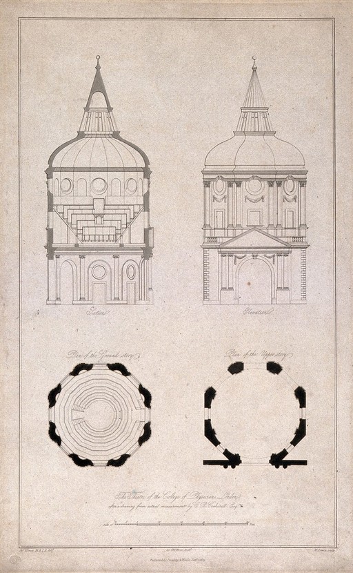 The Royal College of Physicians, Warwick Lane, London: the entrance and anatomical theatre, in elevation and section, with plans. Engraving by W. Lowry after J. Elmes after C. R. Cockerell, 1823.
