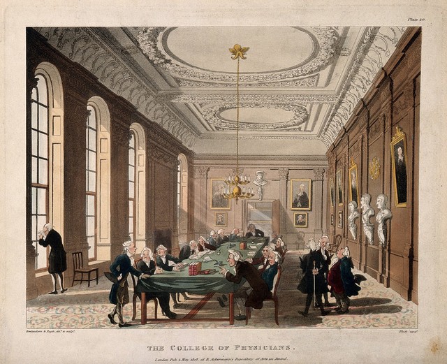 Royal College of Physicians, Warwick Lane, London: the interior of the Hall, during the examination of a candidate. Coloured aquatint by J. Bluck after T. Rowlandson and A. C. Pugin, 1808.